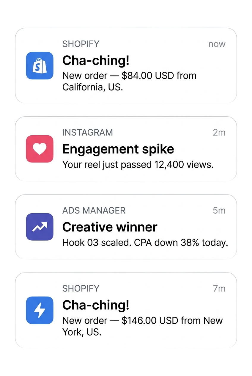 Sales notifications and performance alerts from Shopify, Instagram, and Ads Manager